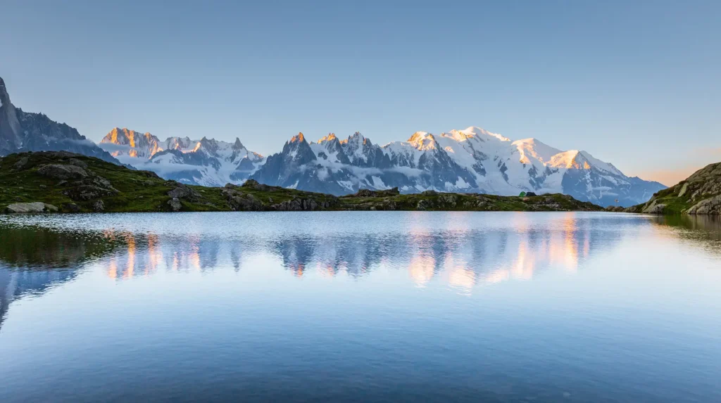 View of the Mont Blanc range reflected in the calm waters of Lac Blanc at sunrise in Chamonix, France.