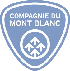 Logo of the Compagnie du Mont-Blanc, featuring a blue triangular shield with white mountain arrows.