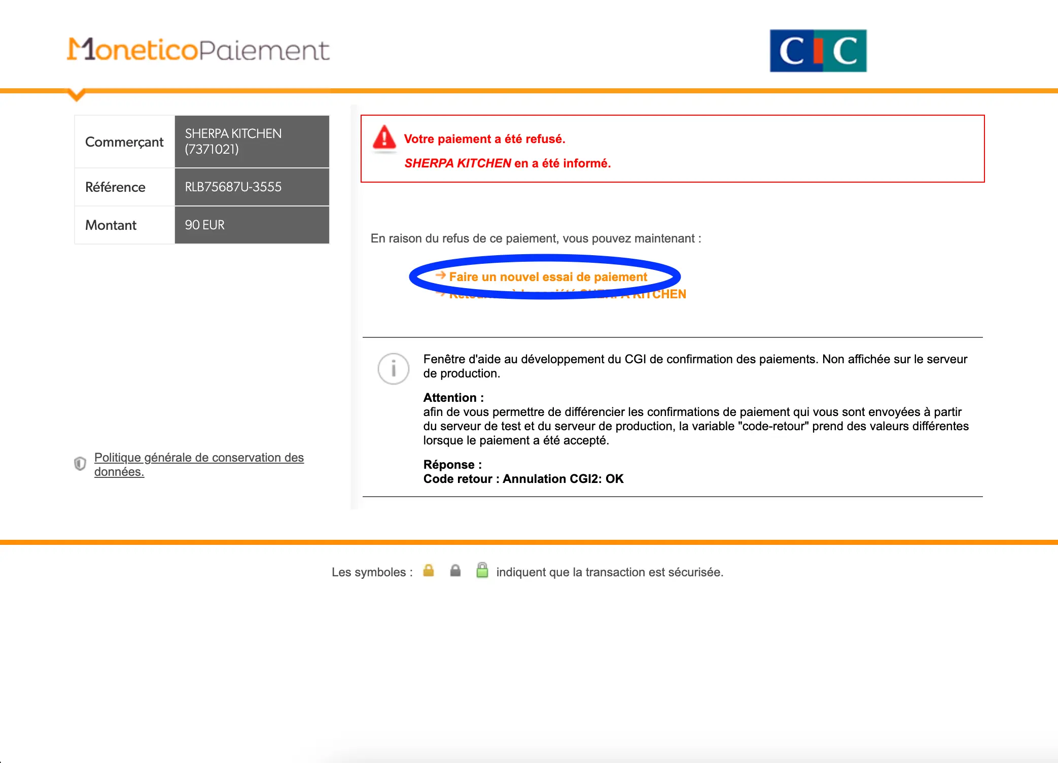 Écran Monetico affichant un paiement refusé et un bouton "Faire un nouvel essai de paiement" pour réessayer la transaction.