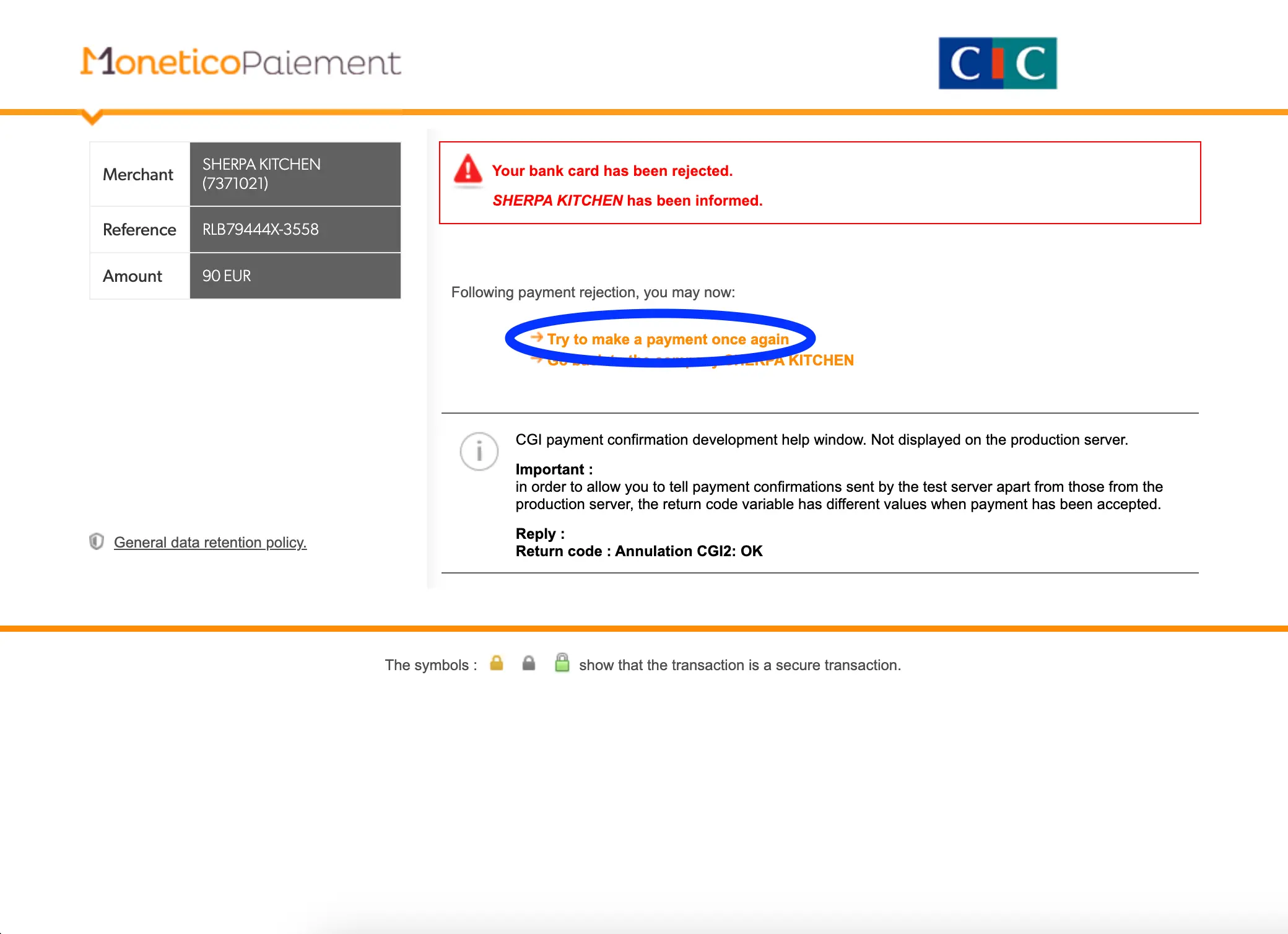Monetico payment screen showing a rejected payment with a button labeled "Try to make a payment once again" to retry the transaction.